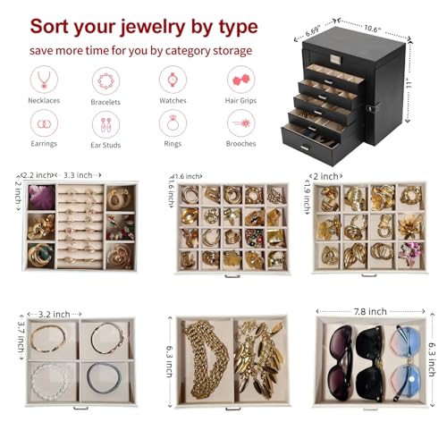 BOOVO Jewelry Box For women, 6 Layer Large Jewelry Organizer With Mirror, Multi-Function Storage Box With Lock, Necklace H...