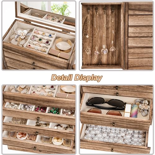 Emfogo Wooden Jewelry Box for Women, 6-Tier Large Jewelry Organizer Boxes with Mirror Rustic Solid Wood jewlery Storage Di...