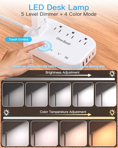 One Beat LED Small Desk Lamp Power Strip 5ft Extension Cord, 3 Outlets, 4 USB Ports(2 USB C), 4 Modes, 5 Level Touch- Hom...