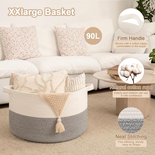 OIAHOMY 90L XXXLarge Blanket Basket for Living Room, 21.7" x 13.8" Woven Cotton Rope Laundry Basket for Organizing Pillow...