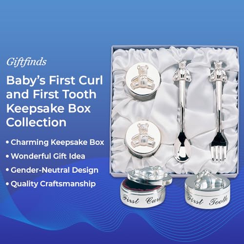 Baby’s First Curl and First Tooth Keepsake Box Collection | Adorable Teddy Bear Designs | Charming Gift | Satin-Lined Whit...