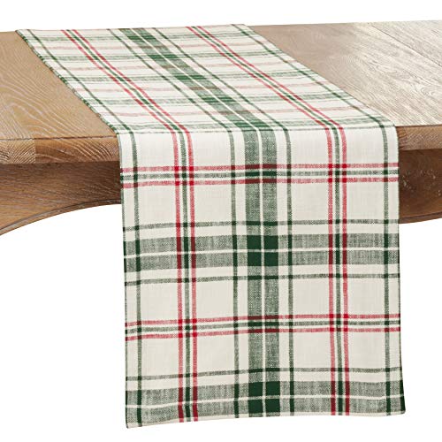 SARO LIFESTYLE Mamie Collection Plaid Design Table Runner, 14" x 72", White/Green