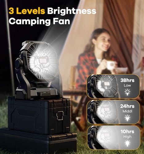 DOWILLDO 15000mAh Portable Battery Powered Camping Fan - with LED Light, Quiet Battery Operated, Camping Gear for Travel, ...