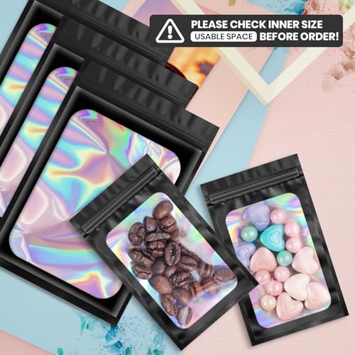 Funfery 100 pcs Black Mylar Holographic Bags Packaging Bags,Clear Resealable Bag Foil Pouch Bag for Food Storage and Lipgl...