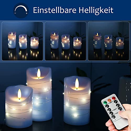 danip Sky Blue LED Flameless Candle, with Embedded Star String, 3-Piece Set of LED Candles, with 11 Button Remote Control,...