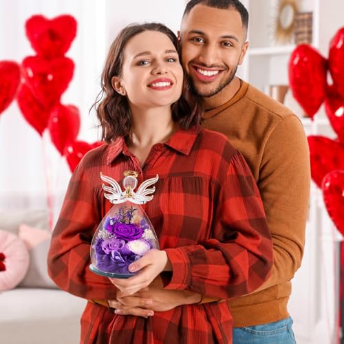 Gifts for Mom Birthday Gifts for Women Preserved Rose Forever Flower in Glass Angel Figurines Fresh Flowers for Delivery A...