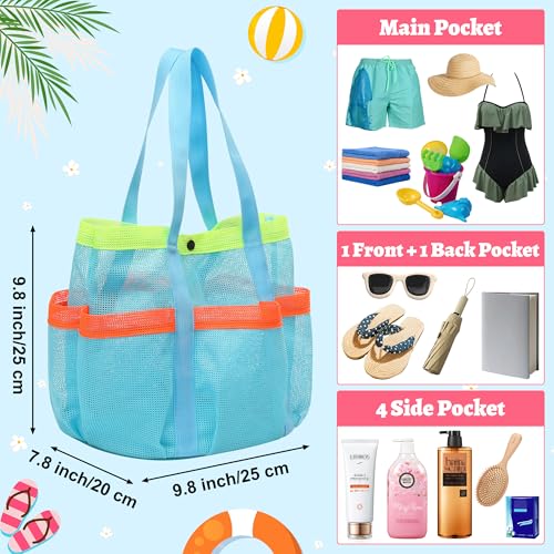 GQIRIL Mesh Beach Bag, Foldable Waterproof Sandproof Beach Storage Tote with 6 Pockets, Swim Tropical Vacation Pool Essential
