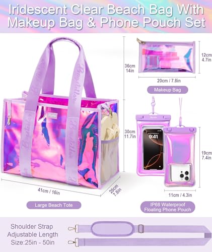 Bagstellar Iridescent Beach Tote Bags for Women, Large Zipper Beach Pool Swim Bag with Makeup Bag & Waterproof Phone Pouch...