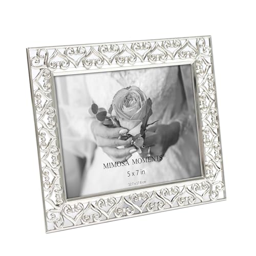 MIMOSA MOMENTS 5x7 Silver Heart Metal Picture Frame with Rhinestones, Decorative Photo Frame for Wedding, Anniversary, Bir...