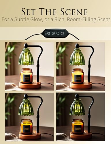 Green Boho Candle Warmer Lamp with Timer — Tiffany-Style Glass Shade, Dimmable Wax Warmer, Auto Shut-Off, Adjustable Heigh...