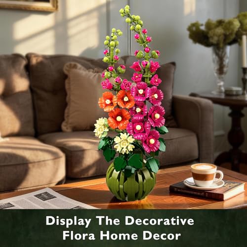 CUBIMANA Flowers Botanicals Alcea Rosea Building Set for Adults - Artificial Bonsai Plant for Home Office Décor, 974PCS Fl...