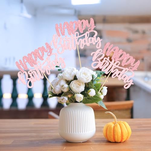 Gyufise 12Pcs Happy Birthday Centerpieces Sticks Double Sided Glitter Birthday Party Decorations Anniversary Table Flower ...
