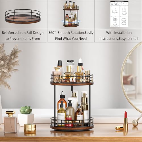 Bathroom Organizer Countertop,2 Tier Rotating Makeup Organizer Countertop for Vanity,Wooden Bathroom Counter Storage Shel...