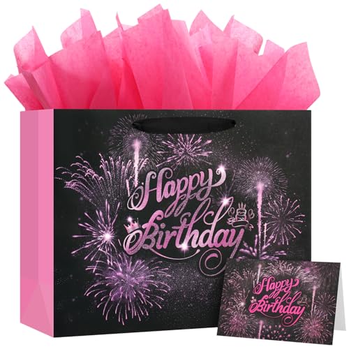 BeiLaad Pink Birthday Gift Bag with Tissue Paper and Greeting Card, 12.6“ Happy Birthday Gift Bags for Party, Fireworks De...