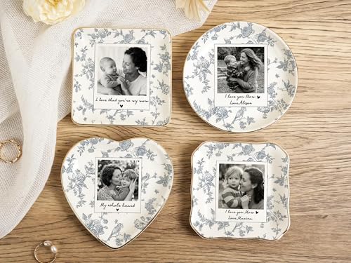 Custom Photo Heart Ceramic Jewelry Dish Personalized Toile Floral Ring Holder Tray Unique Mother’s Day Keepsake For Mom Gr...