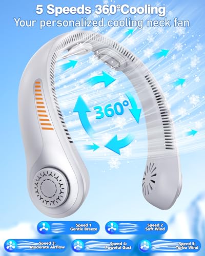 EYERZ Portable Neck Fan - Rechargeable Personal Fan with Neck Support, 5-Speed Quiet Lightweight Long Lasting Neck Fan, Fa...