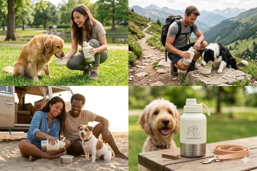 PuppiLovePets PuppiTravelBowl 3-in-1 Dog Travel Water Bottle – 32oz Insulated Aluminum Container with 2 Detachable Cups, L...
