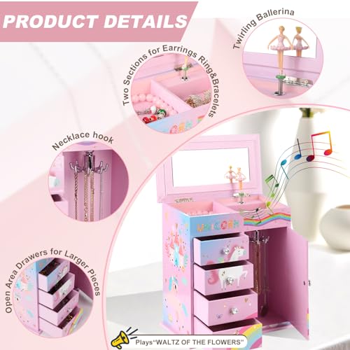 efubaby Jewelry Box for Girls 5-Layer with Swing Door Spinning Ballerina Unicorn &Castle Design Unicorn Jewelry Set Includ...