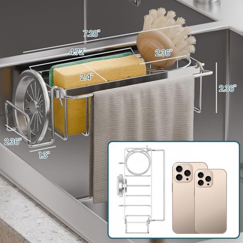 TAILI Sponge Holder with Strong Suction Cup, 4-in-1 Rustproof Sink Organizer - Sink Caddy Holds Sponges, Brushes, Stoppers...