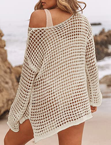 LOMON Womens Beach Cover Ups Long Sleeve Crochet Coverups for Swimwear Mesh Knit Swimsuit Cover Up XS-XXL