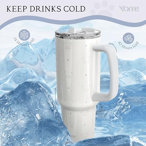 YOME 40 oz Cat Gray Tumbler with Handle and Flip Straw for Women | Stainless Steel Insulated Water Bottle | Keeps Drinks C...