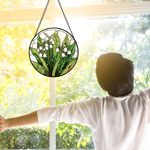 DASTOLL Stained Glass Window Hanging, Lily of the Valley Flower Sun Catchers Colorful Glass Panel Green Plants Suncatcher ...