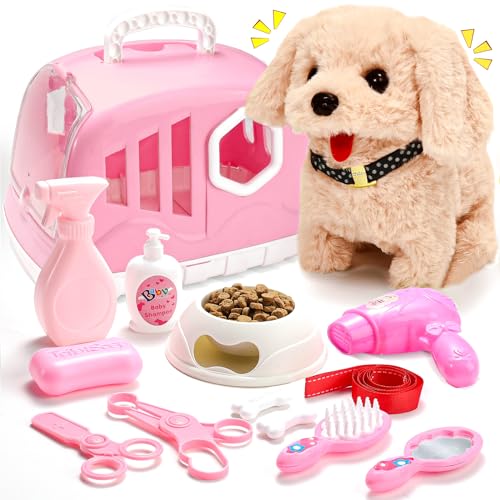 Volmop 14PCS Dog Toys for Kids, Walking Barking Electronic Interactive Plush Puppy Toy with Carrier and Accessories, Pet C...