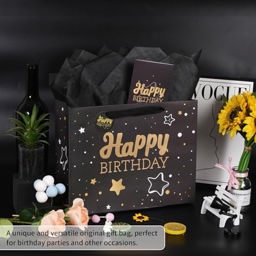 Powbrace Black Birthday Gift Bag with Tissue Paper and Greeting Card, 13'x10.2'x4.9', Medium (1-Piece Set, Black Starry Sk...