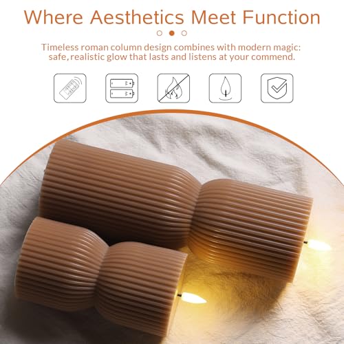 Girimax Warm Brown Ribbed Flameless Pillar Candles with Remote, Real Wax Flickering Battery LED Candles Christmas Decor Gi...