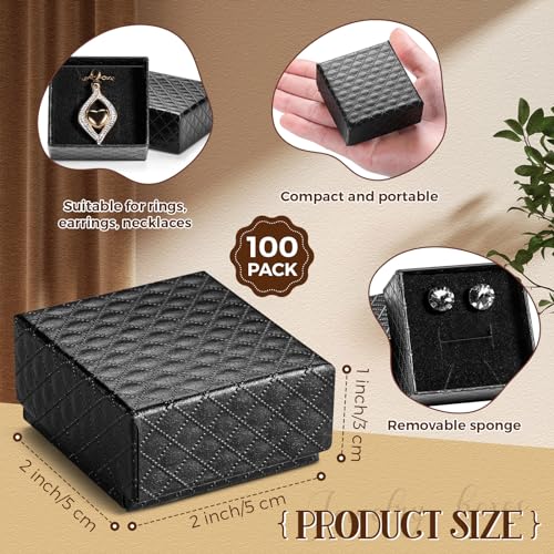 Landical 100 Pcs Jewelry Ring Gift Box 2'' x 2'' x 1'' Cardboard Earring Ring Boxes Small Black Gift Box with Velvet and S...