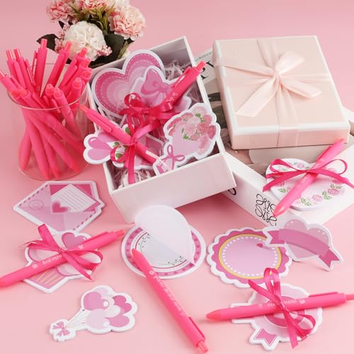 24 Set Mother's Day Sticky Notes and Pens Set Pink Flower Bouquet Heart Gift Box Shaped Self-Adhesive Sticky Notepads Moth...
