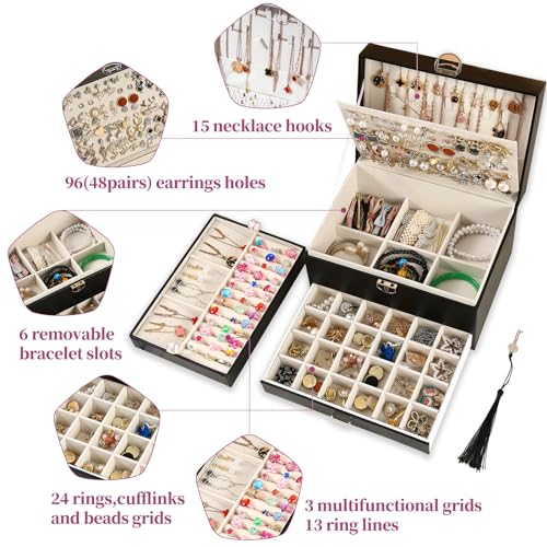BOOVO Earring Jewelry Box For Women Girl Stud Organizer, 5 Layers Girl Jewelry Organizer Box With Lock Earring Holder Orga...
