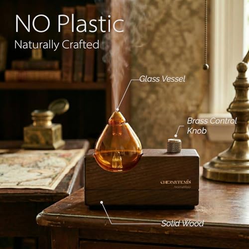 Amber Premium Glass Essential Oil Diffuser with Handmade Wood Base for Aromatherapy, Retro Waterless Scent Diffuser with C...