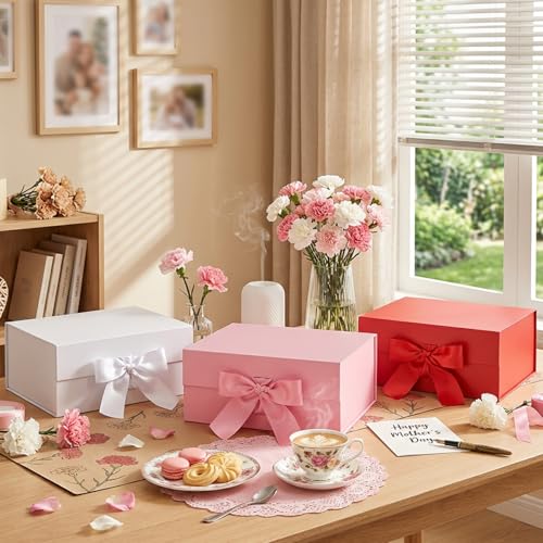 HAPPY POTATO Gift Box for Presents with Ribbon 9x6.5x3.8 Inches, Pink Gift Box with Lid, Bridesmaid Proposal Box (Glossy P...