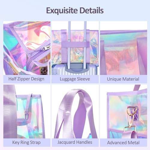 Beach Bag 26L Large Iridescent Waterproof Beach Tote Bag for Women with Zipper & Phone Pouch Sand/Tip-Proof Crossbody
