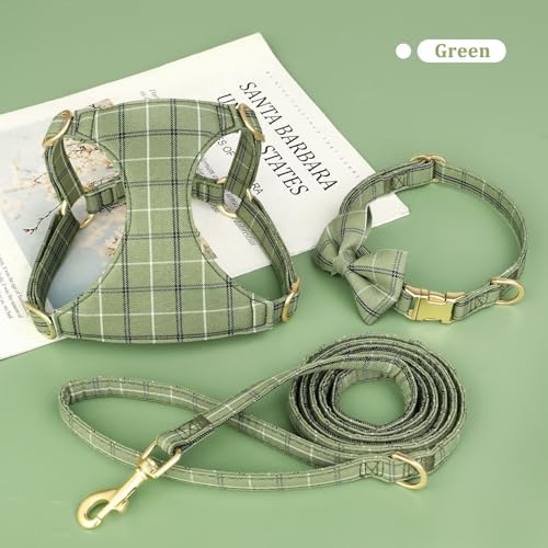 Beirui Cute Extra Small Dog Harness Collar and Leash Set with Bowtie, Soft Adjustable Plaid Puppy Harness for Small Sized ...