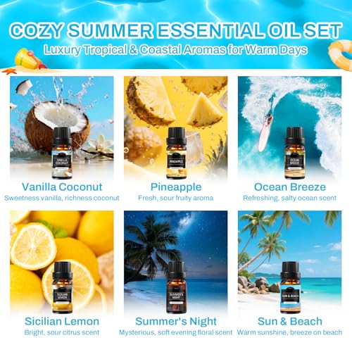 Summer Essential Oils for Diffusers for Home, 6X10ml Fragrance Oils Set, Aromatherapy Oils for Candles Making - Coconut, P...