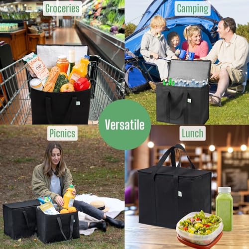 VENO 2 Pack Cooler Bags - Insulated for Food Delivery, Collapsible and Reusable Shopping Bags with Zipper, Foldable, Heav...