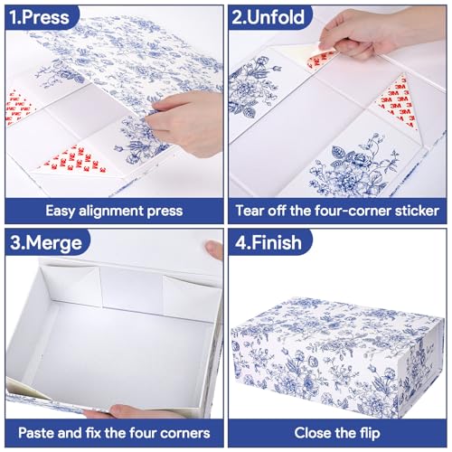 Whaline 3Pcs Blue Floral Paper Gift Box with Magnetic Closure Vintage Chinoiserie Toile Flower Print Present Packaging Box...