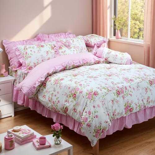FADFAY Shabby Pink Duvet Cover Set Rose Floral Bedding Collection Elegant Princess Lace Ruffle Quilt Cover Set for Girls 4...