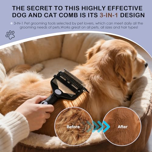 3-IN-1 Pet Deshedding and Grooming Tool, Grooming Brush for Dogs and Cats with Undercoat Rake & Dematting Comb for Matted ...