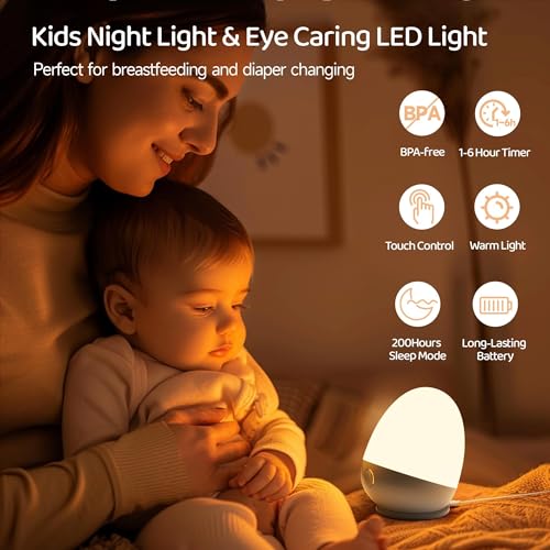 ZUZUKID Touch Egg Night Light for Baby Nursery, Rechargeable Portable Kids Nightlight Lamp with 1-6H Feeding Timer, 3 Colo...