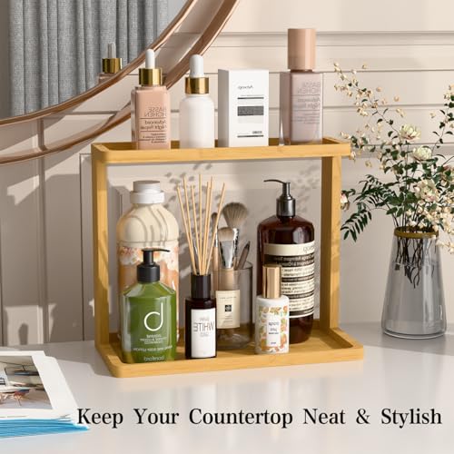 PEKER Bamboo Bathroom Organizer Countertop – Small Vanity Storage Shelf for Makeup, Perfume, Skincare – Natural Cosmetics ...