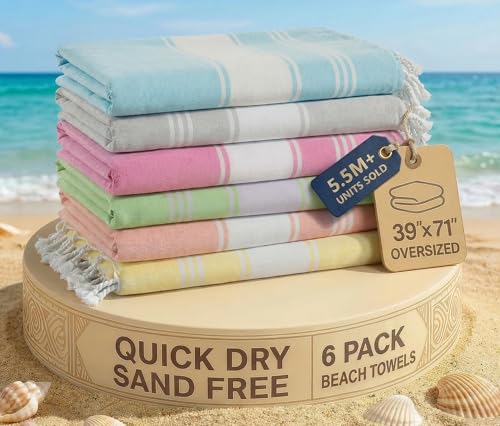 LANE LINEN Turkish Towels Set of 6, Beach Towels Oversized, Pre-Washed Pool Towel, Extra Large Beach Towel, Sandproof Beac...