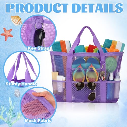 Hsei 10 Pack Mesh Beach Bags Bulk for Women Waterproof Large Pool Tote Bag with 8 Pockets & Reinforced Handles Toy Bags fo...