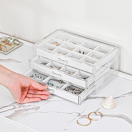 ProCase Earring Holder Organizer Jewelry Box with 3 Drawers, Acrylic Clear Earring Case with Adjustable Velvet Trays for W...