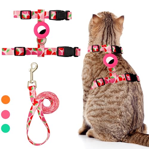Cat Harness and Leash Escape Proof for Walking Travel Outdoor - Cute Strawberry Nylon Adjustable Cute Cat Harness Leash Se...