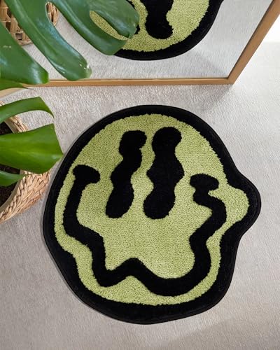 ELDONE Trippy Happy Face Bath Mat Green- Cool Rugs for Bedroom, Cute Bath Mat, Hippie Rug Non-Slip, Sage Green Fun Funky T...