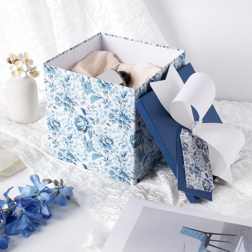 BIOBROWN Medium Gift Boxes with Lids for Presents, 9x9x9 Inches Chinoiserie Blue White Peony Floral Design Collapsible Gif...