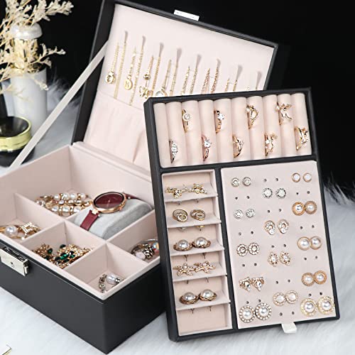 Jewelry Box for Women Girls, 2 Layers Jewelry Organizer Container with Lock, PU Leather Storage Case with Removable Tray, ...